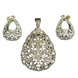Silver plated marcasite pendant & earrings set tear drop rhinestones art deco